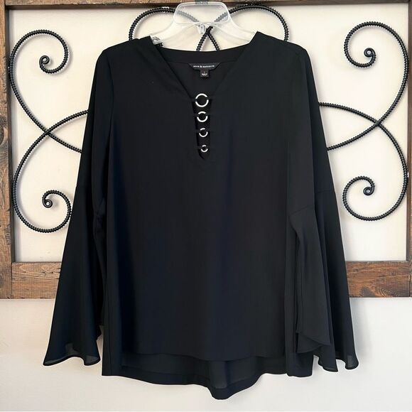 Rock & Republic Semi Sheer Flare Sleeve Black Witchy Academia Blouse Size Small - Picture 3 of 7